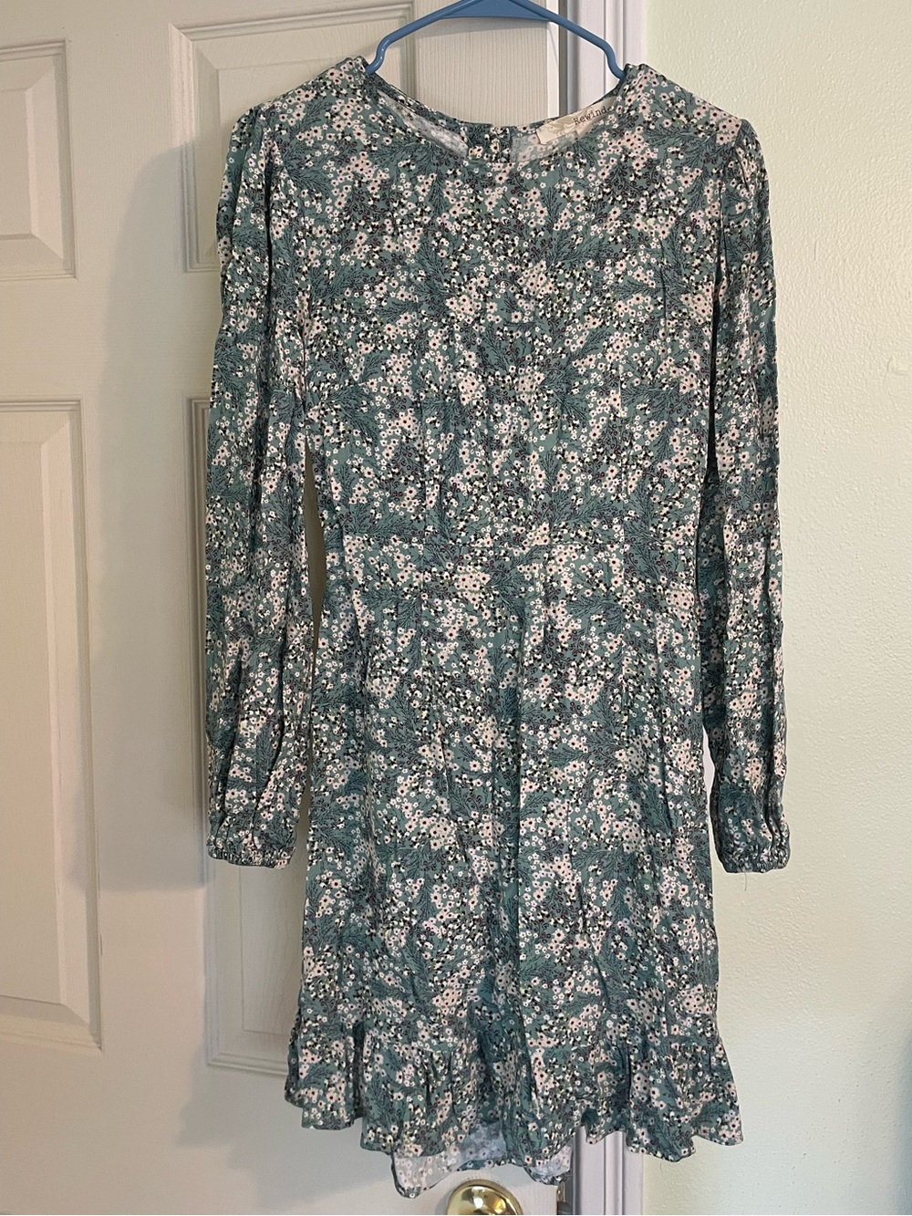 Rewind Teal Floral Long-Sleeve Ruffle Hem Dress